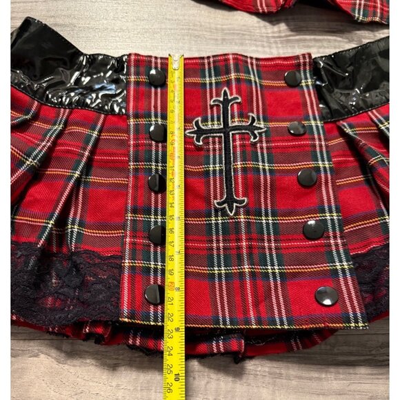 Vtg Foreplay Red Plaid Skirt & Top Set  Black Lace Cross Accents M/L Punk grunge - Picture 7 of 13